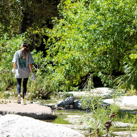 Student walking along Waller Creek